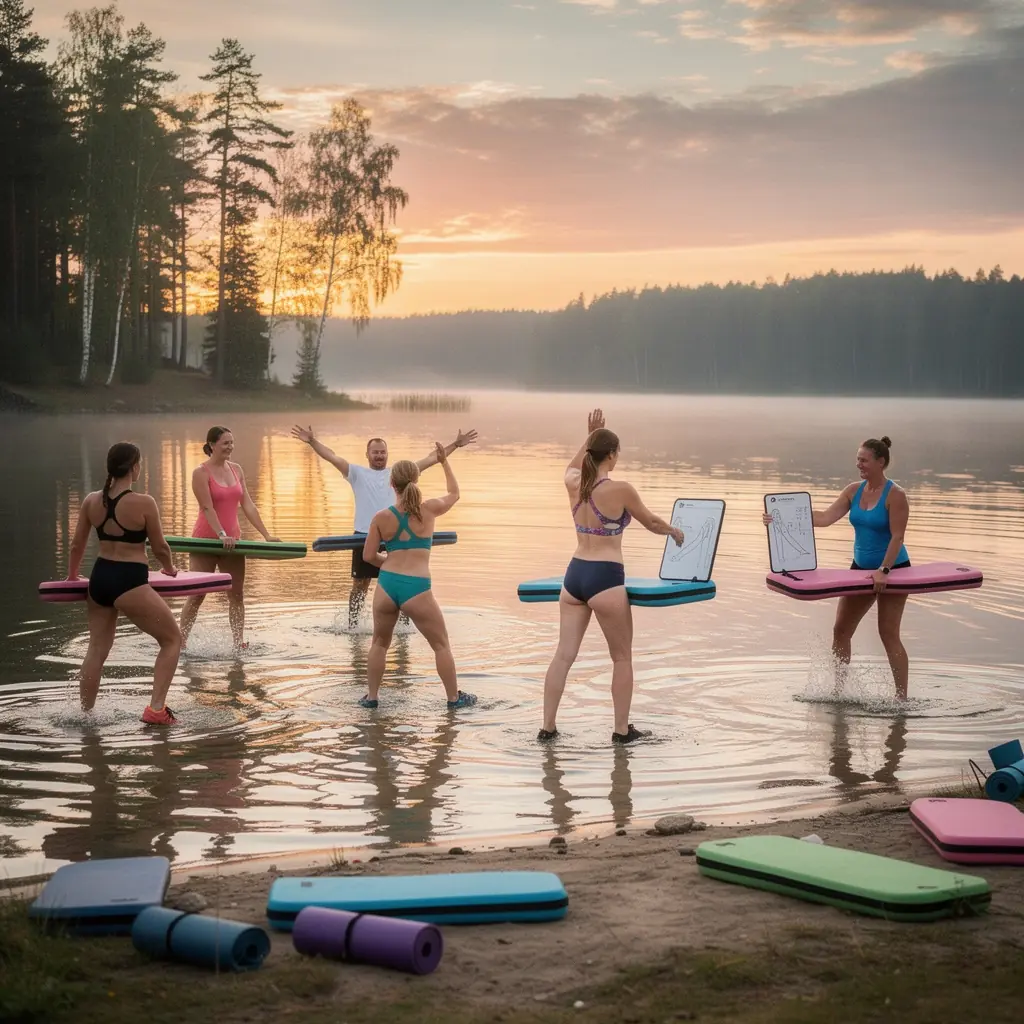 Jauna sieviete priecīgi vingro, izmantojot fitnesa paklāju.