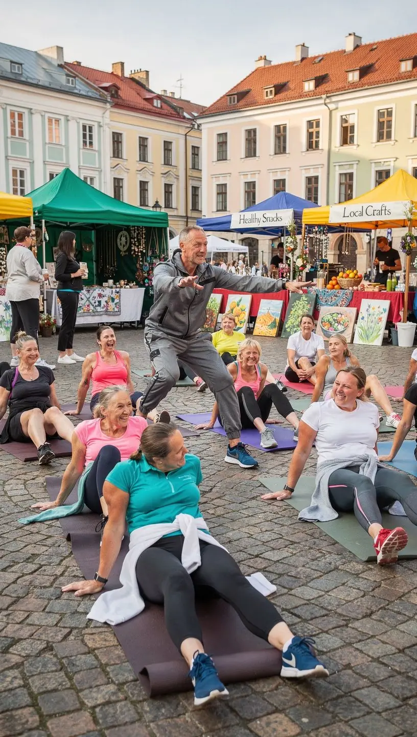 Mājas vide, kurā cilvēki nodarbojas ar fitnesu, izmantojot virtuālo treniņu.