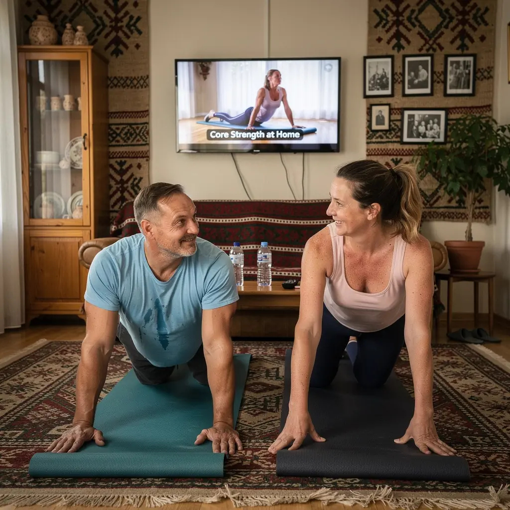 Vingrošanas matu un aksesuāri, kas nepieciešami mājas treniņiem.