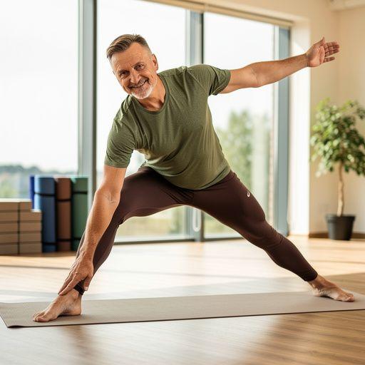 Vīrietis veic vingrinājumus, lai stiprinātu kodolu un uzlabotu kustību elastību.