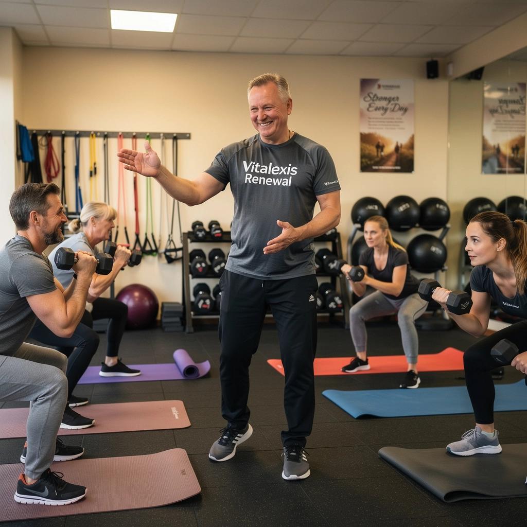 Grupas nodarbība, kurā dalībnieki praktizē līdzsvara un stiepšanās vingrinājumus.